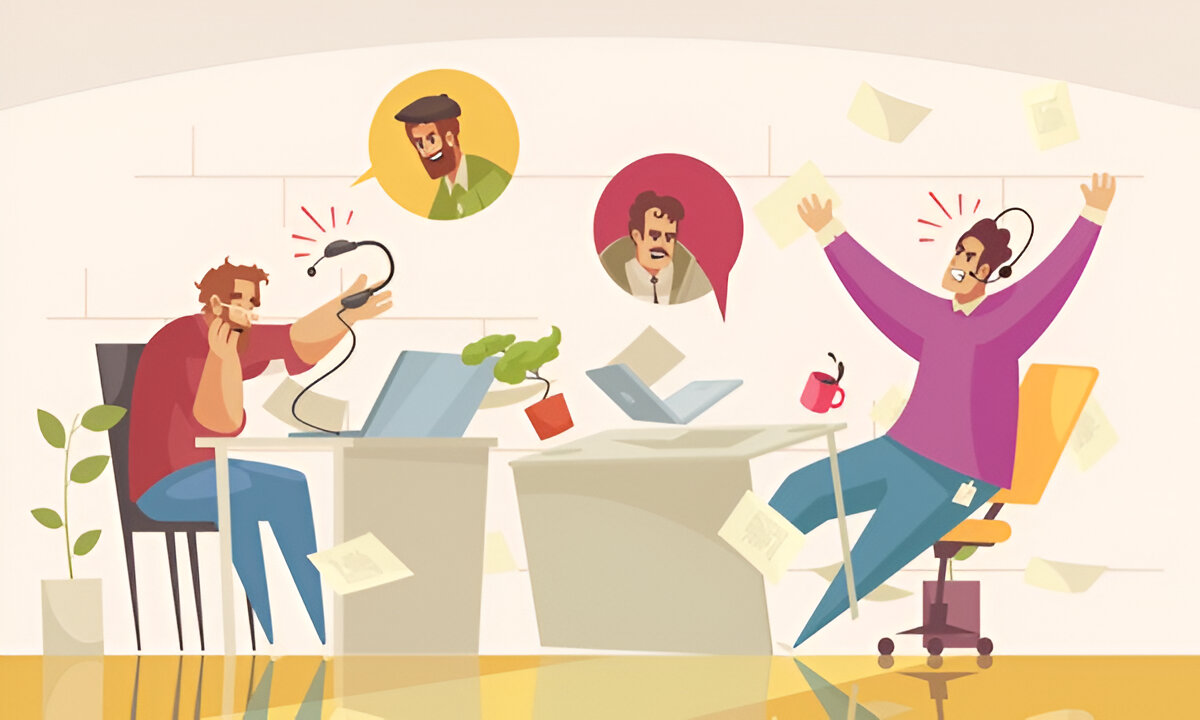 وكيل دعم عملاء محبط محاط بأكوام من الأوراق والهواتف الرنانة